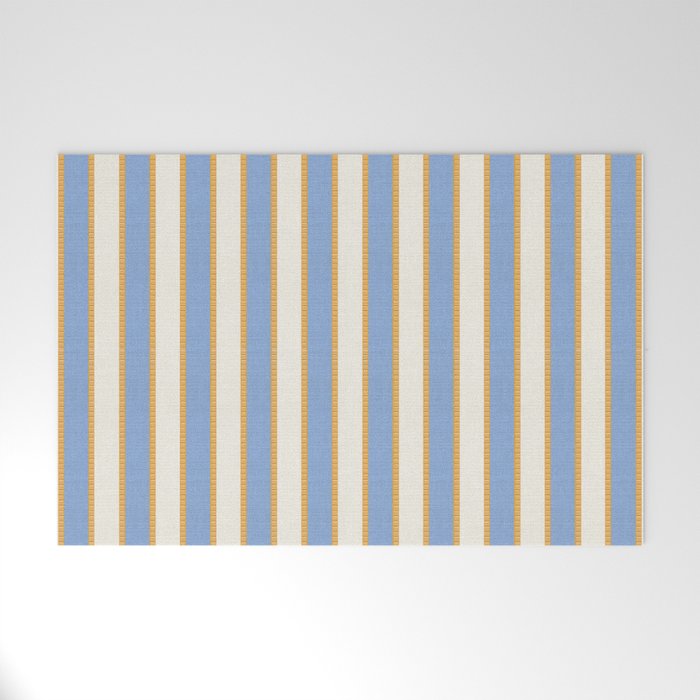 Vintage Cabana Stripe Pastel Blue And Gold Retro Coastal Beach Vibe Welcome Mat Gallery Image 1