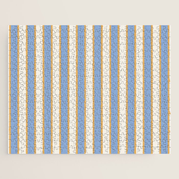 Vintage Cabana Stripe Pastel Blue And Gold Retro Coastal Beach Vibe Jigsaw Puzzle Gallery Image 1