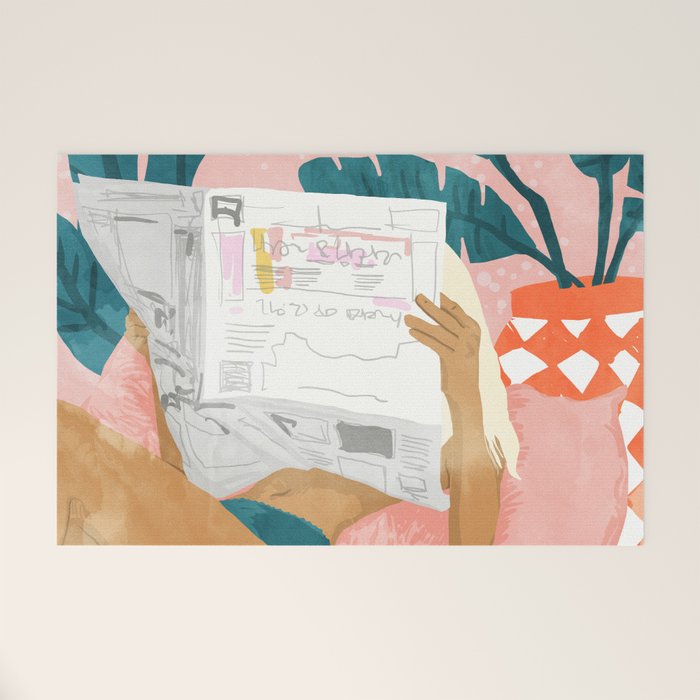 Modern Bohemian Morning Newspaper | Tropical Banana Leaves Palm Watercolor | Boho Woman & Decor Welcome Mat Gallery Image 1
