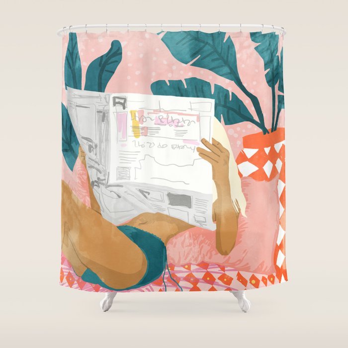 Modern Bohemian Morning Newspaper | Tropical Banana Leaves Palm Watercolor | Boho Woman & Decor Shower Curtain Gallery Image 1