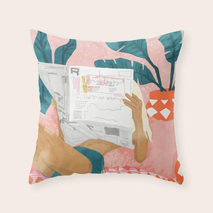 Modern Bohemian Morning Newspaper | Tropical Banana Leaves Palm Watercolor | Boho Woman & Decor Throw Pillow Gallery Image 6