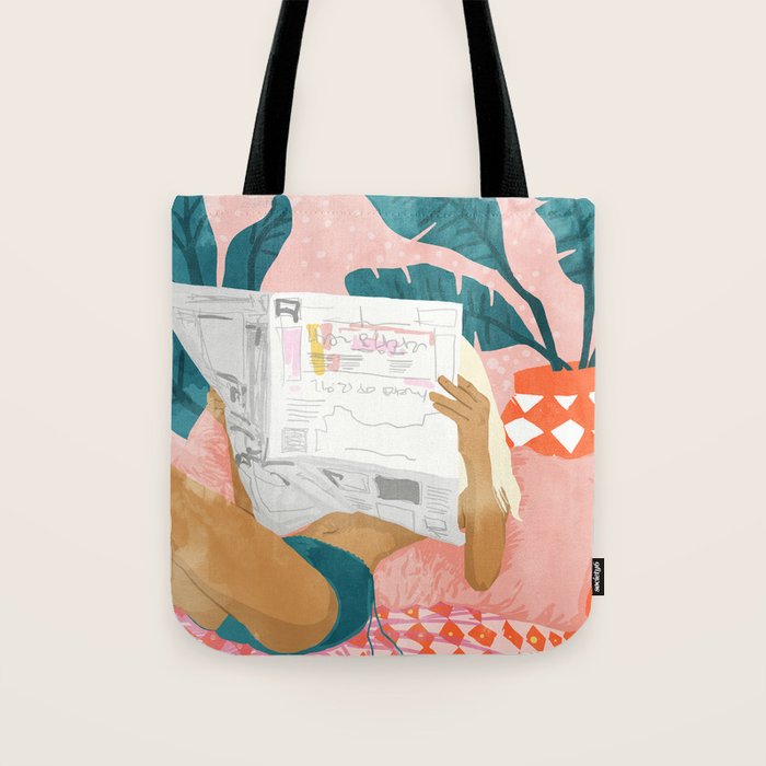 Modern Bohemian Morning Newspaper | Tropical Banana Leaves Palm Watercolor | Boho Woman & Decor Tote Bag Gallery Image 1