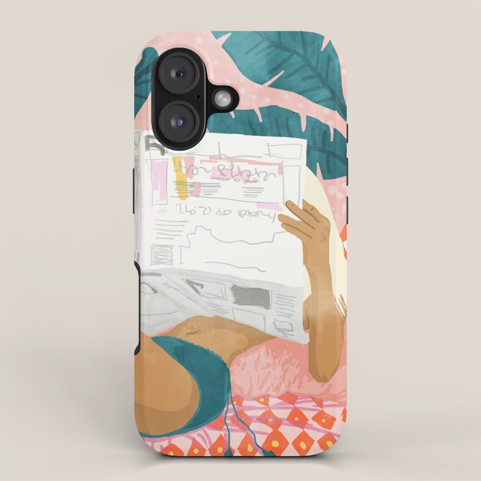 Modern Bohemian Morning Newspaper | Tropical Banana Leaves Palm Watercolor | Boho Woman & Decor iPhone Case Gallery Image 1