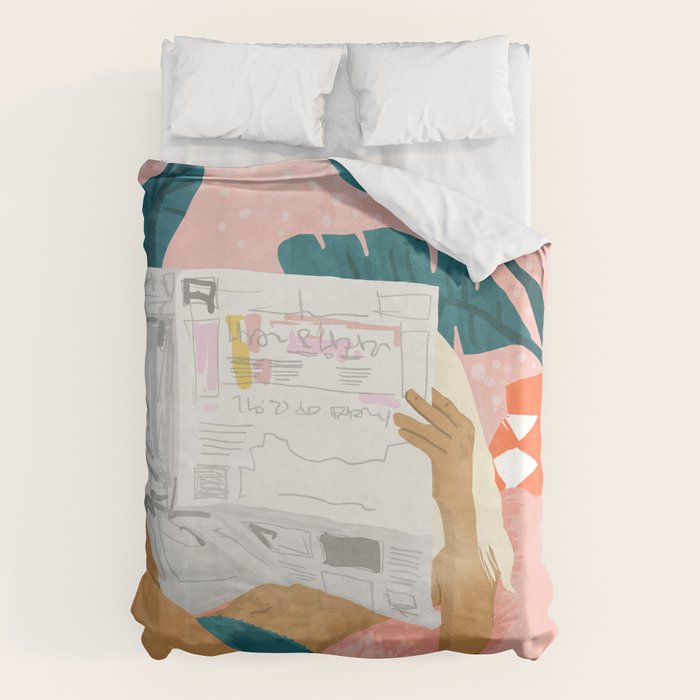 Modern Bohemian Morning Newspaper | Tropical Banana Leaves Palm Watercolor | Boho Woman & Decor Duvet Cover Gallery Image 6
