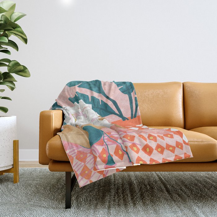 Modern Bohemian Morning Newspaper | Tropical Banana Leaves Palm Watercolor | Boho Woman & Decor Throw Blanket Gallery Image 1