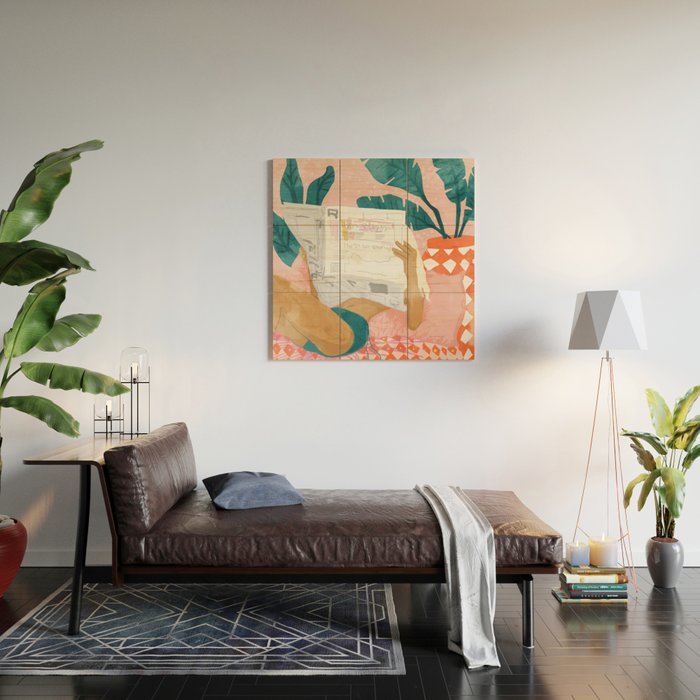 Modern Bohemian Morning Newspaper | Tropical Banana Leaves Palm Watercolor | Boho Woman & Decor Wood Wall Art Gallery Image 2