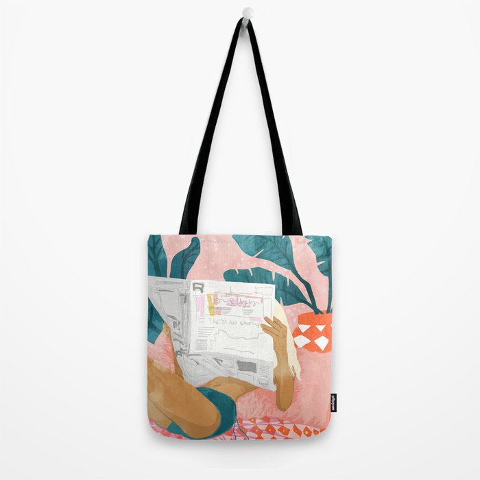 Modern Bohemian Morning Newspaper | Tropical Banana Leaves Palm Watercolor | Boho Woman & Decor Tote Bag Gallery Image 2