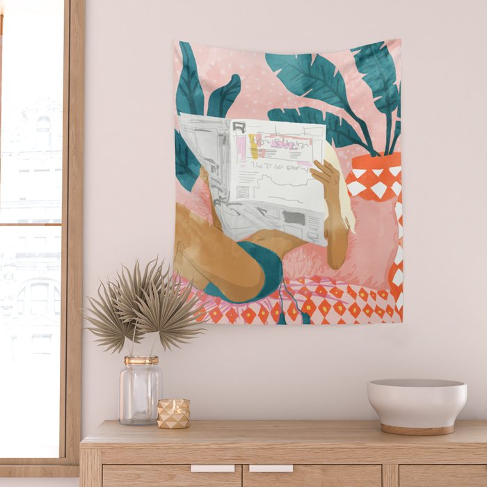 Modern Bohemian Morning Newspaper | Tropical Banana Leaves Palm Watercolor | Boho Woman & Decor Wall Tapestry Gallery Image 2