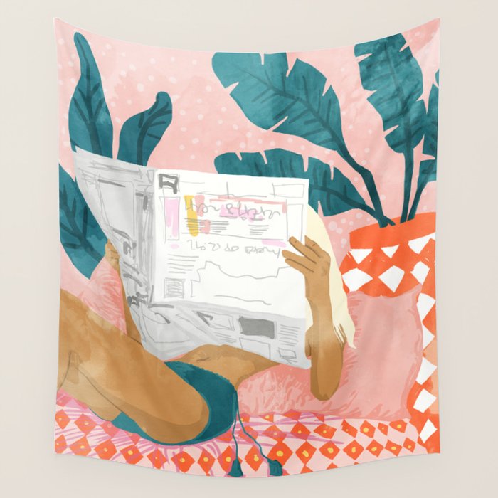 Modern Bohemian Morning Newspaper | Tropical Banana Leaves Palm Watercolor | Boho Woman & Decor Wall Tapestry Gallery Image 4