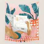 Modern Bohemian Morning Newspaper | Tropical Banana Leaves Palm Watercolor | Boho Woman & Decor Wall Tapestry Gallery Image 4