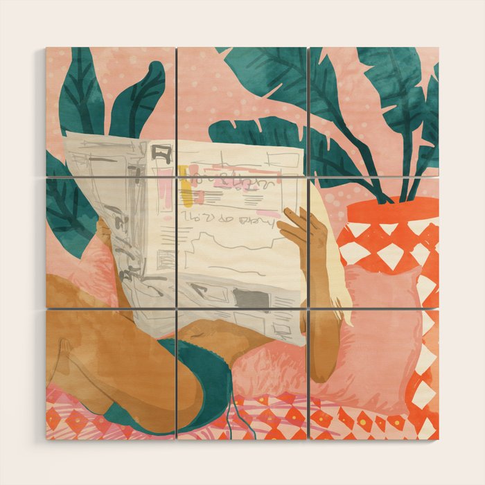 Modern Bohemian Morning Newspaper | Tropical Banana Leaves Palm Watercolor | Boho Woman & Decor Wood Wall Art Gallery Image 1