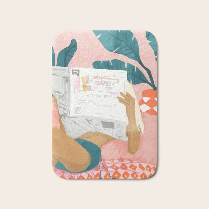 Modern Bohemian Morning Newspaper | Tropical Banana Leaves Palm Watercolor | Boho Woman & Decor Bath Mat Gallery Image 1