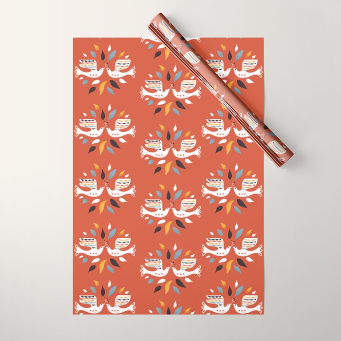 Festive doves - folk illustration Wrapping Paper Gallery Image 1