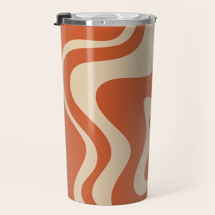 Retro Liquid Swirl Pattern in Mid Mod Burnt Orange and Beige Travel Mug Gallery Image 3