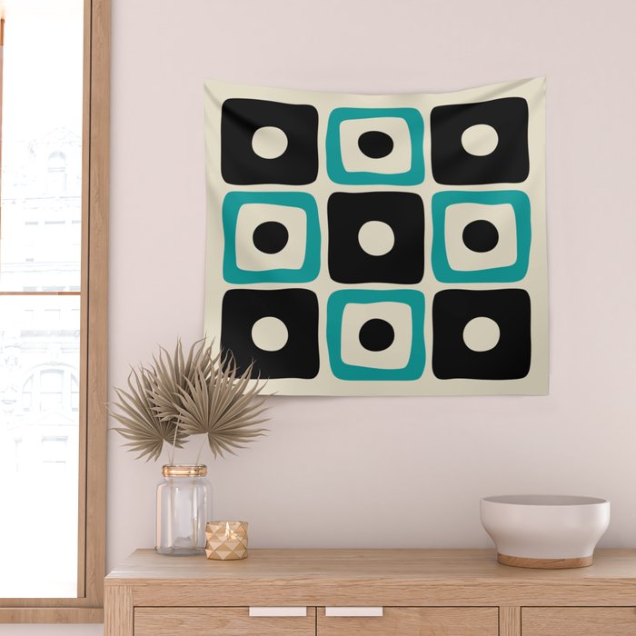 Mid Century Modern Square Dot Pattern 593 Black and Turquoise Wall Tapestry Gallery Image 2