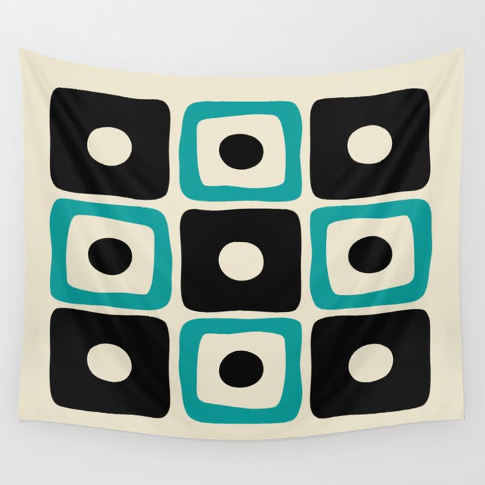 Mid Century Modern Square Dot Pattern 593 Black and Turquoise Wall Tapestry Gallery Image 1