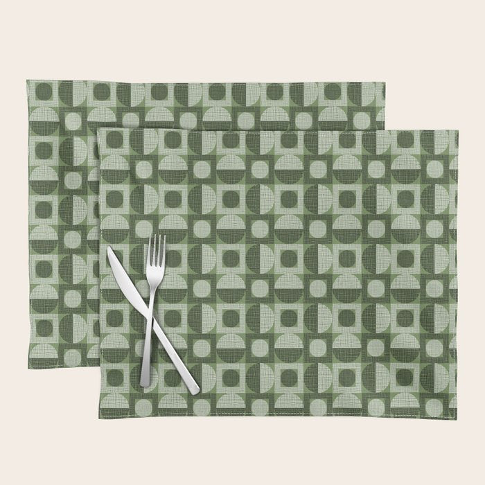Retro Texture Geometric Squares And Circles Pattern No 5 Sage Green Black White Placemat Gallery Image 1