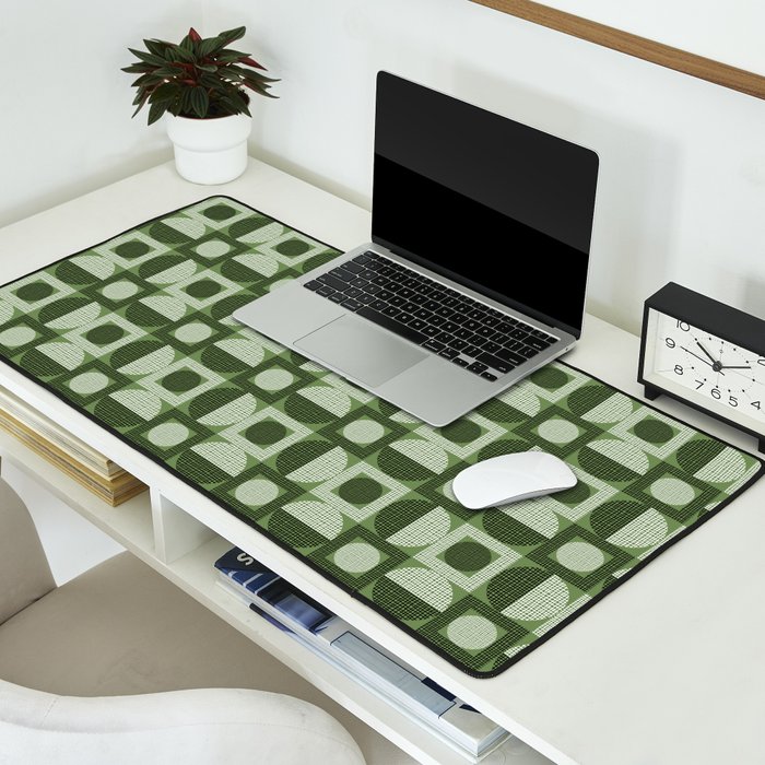 Retro Texture Geometric Squares And Circles Pattern No 5 Sage Green Black White Desk Mat Gallery Image 2