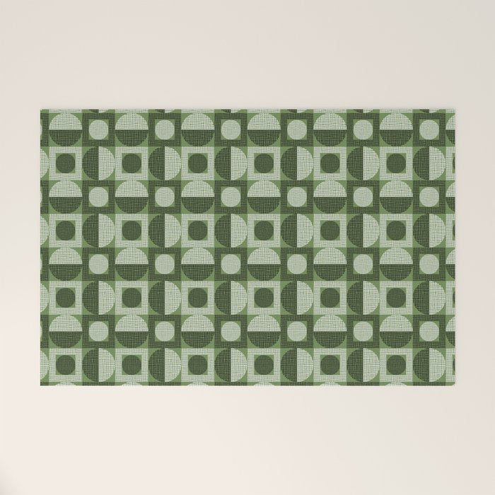 Retro Texture Geometric Squares And Circles Pattern No 5 Sage Green Black White Welcome Mat Gallery Image 1