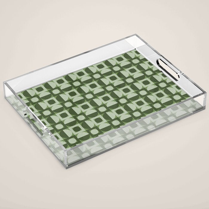 Retro Texture Geometric Squares And Circles Pattern No 5 Sage Green Black White Acrylic Tray Gallery Image 1