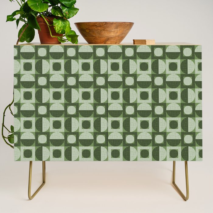 Retro Texture Geometric Squares And Circles Pattern No 5 Sage Green Black White Credenza Gallery Image 1