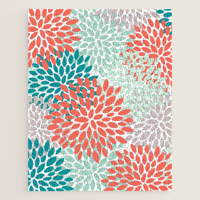Floral Pattern, Orange, Teal, Mint Green, Flower Print Jigsaw Puzzle Gallery Image 1