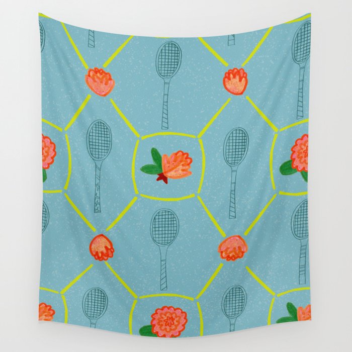 Tennis Rackets & Roses in Warm Blue & Peach Wall Tapestry Gallery Image 4