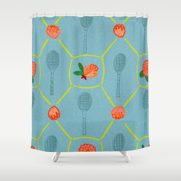 Tennis Rackets & Roses in Warm Blue & Peach Shower Curtain Gallery Image 1
