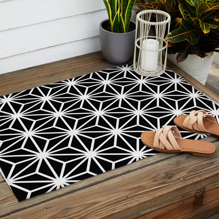 Geometric abstract modern black white stripes Outdoor Rug Gallery Image 2