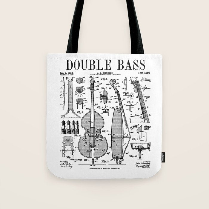 Double Bass Player Bassist Musical Instrument Vintage Patent Tote Bag Gallery Image 1