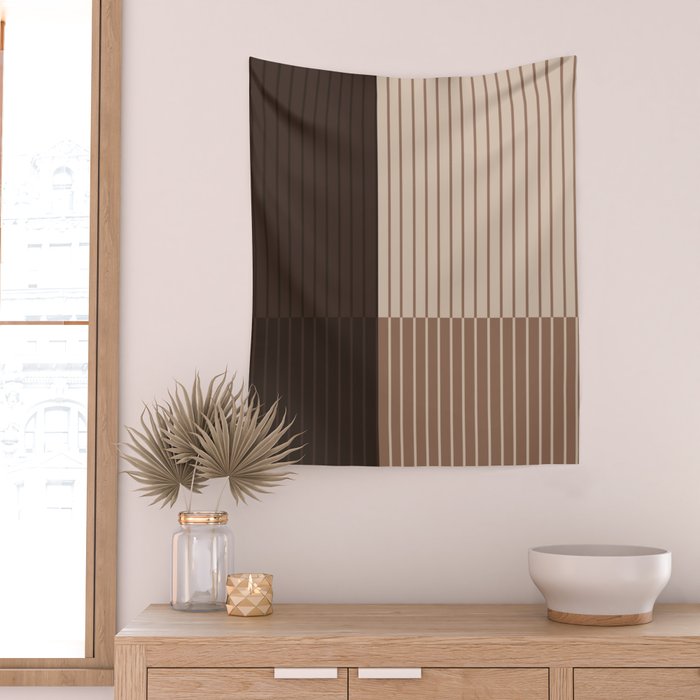 Color Block Line Abstract LXXXI Mocha Coffee Wall Tapestry Gallery Image 2