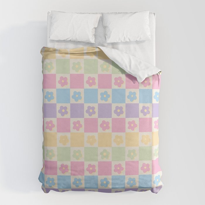 Checkered Flower Power Danish Pastel Rainbow Tones Duvet Cover Gallery Image 6