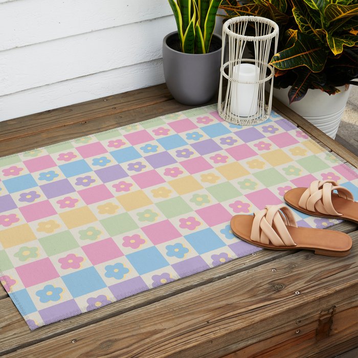 Checkered Flower Power Danish Pastel Rainbow Tones Outdoor Rug