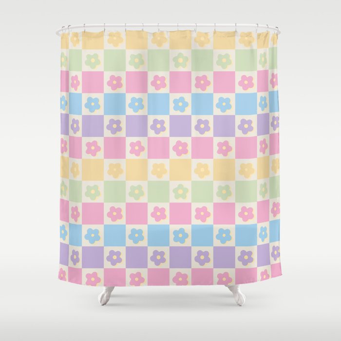 Checkered Flower Power Danish Pastel Rainbow Tones Shower Curtain Gallery Image 1