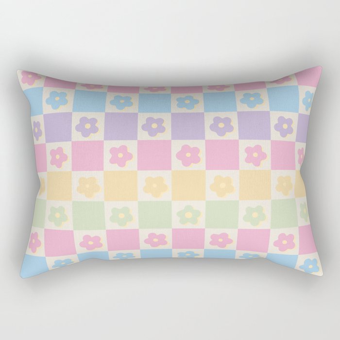 Checkered Flower Power Danish Pastel Rainbow Tones Rectangular Pillow Gallery Image 1