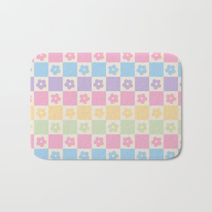 Checkered Flower Power Danish Pastel Rainbow Tones Bath Mat Gallery Image 1