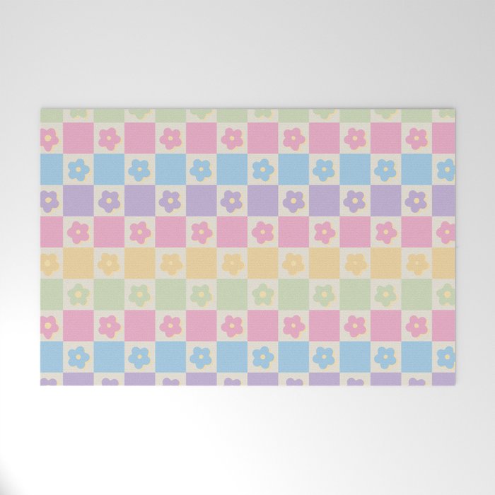 Checkered Flower Power Danish Pastel Rainbow Tones Welcome Mat Gallery Image 1