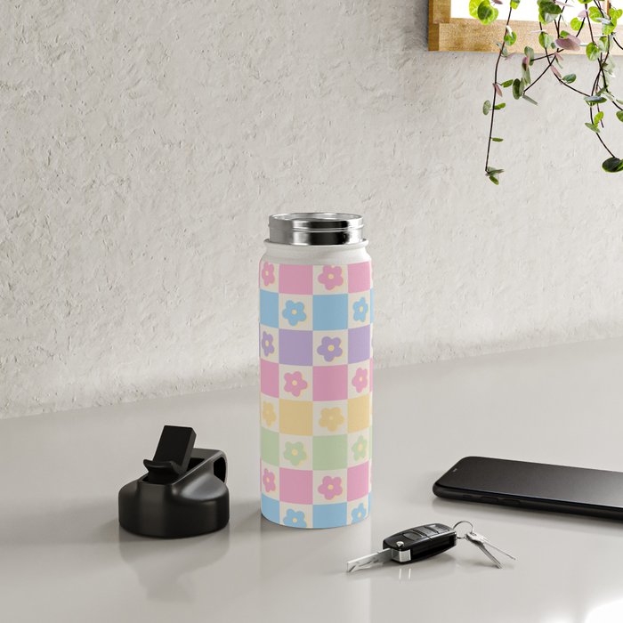 Checkered Flower Power Danish Pastel Rainbow Tones Water Bottle Gallery Image 4