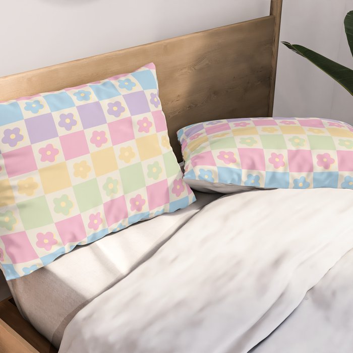 Checkered Flower Power Danish Pastel Rainbow Tones Pillow Sham Gallery Image 2