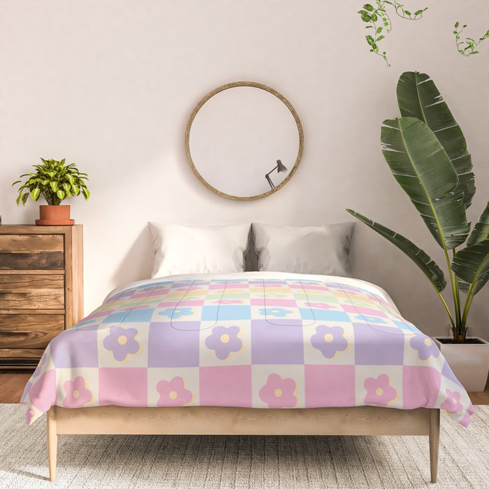 Checkered Flower Power Danish Pastel Rainbow Tones Comforter Gallery Image 3