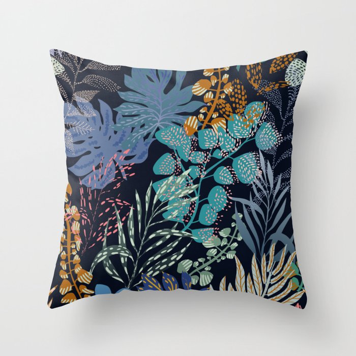 tropical blue night leaves Throw Pillow Gallery Image 6