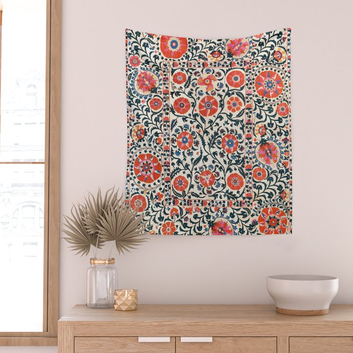 Shakhrisyabz Suzani  Uzbekistan Antique Floral Embroidery Print Wall Tapestry Gallery Image 2