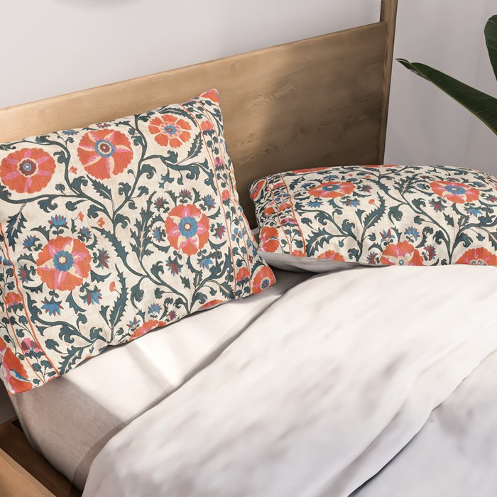 Shakhrisyabz Suzani  Uzbekistan Antique Floral Embroidery Print Pillow Sham Gallery Image 2
