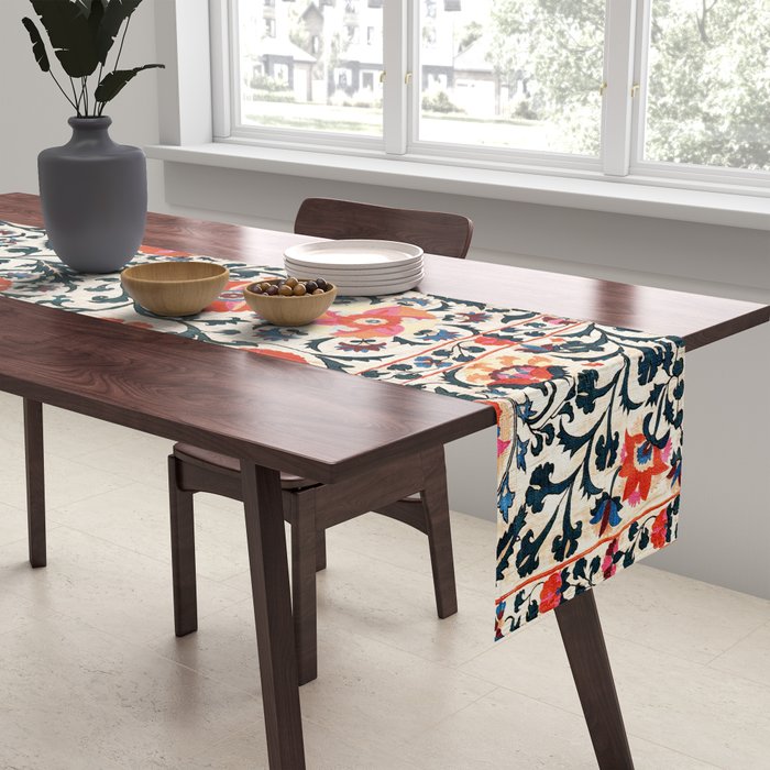 Shakhrisyabz Suzani  Uzbekistan Antique Floral Embroidery Print Table Runner Gallery Image 2