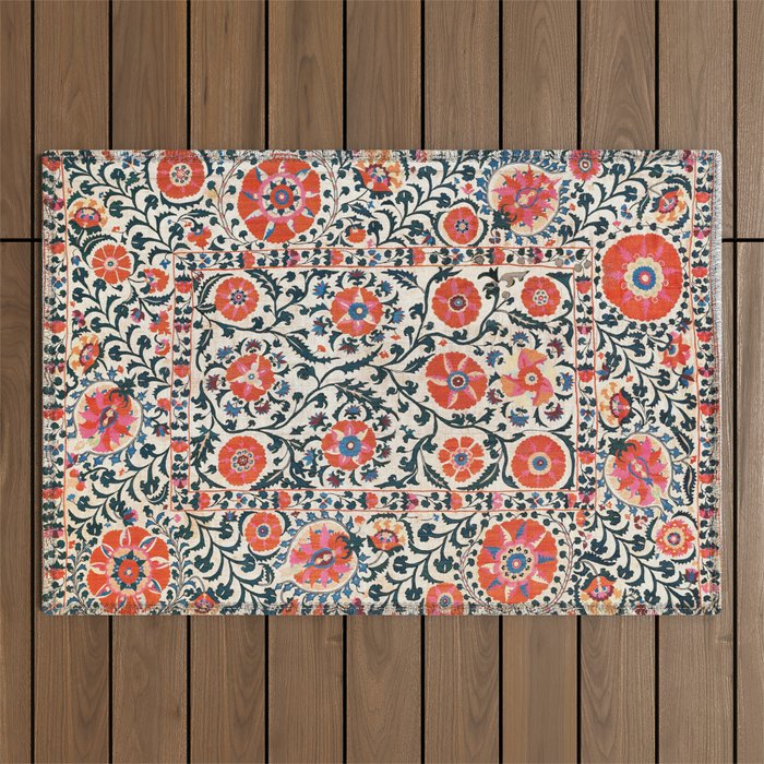 Shakhrisyabz Suzani  Uzbekistan Antique Floral Embroidery Print Outdoor Rug Gallery Image 1