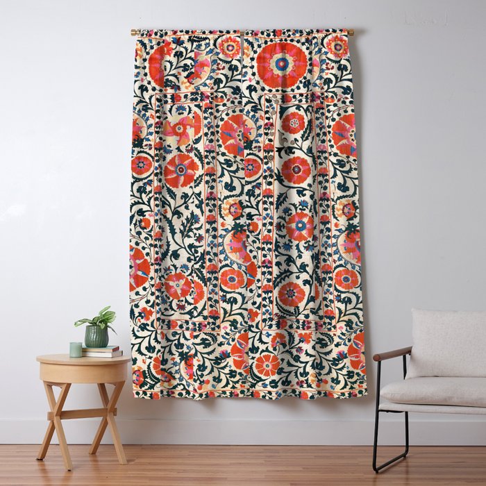 Shakhrisyabz Suzani  Uzbekistan Antique Floral Embroidery Print Window Curtain Gallery Image 1