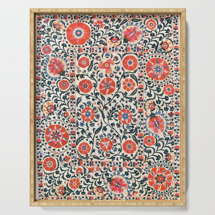 Shakhrisyabz Suzani  Uzbekistan Antique Floral Embroidery Print Serving Tray Gallery Image 1
