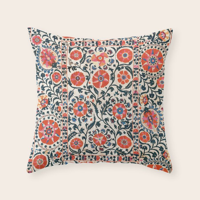 Shakhrisyabz Suzani  Uzbekistan Antique Floral Embroidery Print Throw Pillow Gallery Image 6
