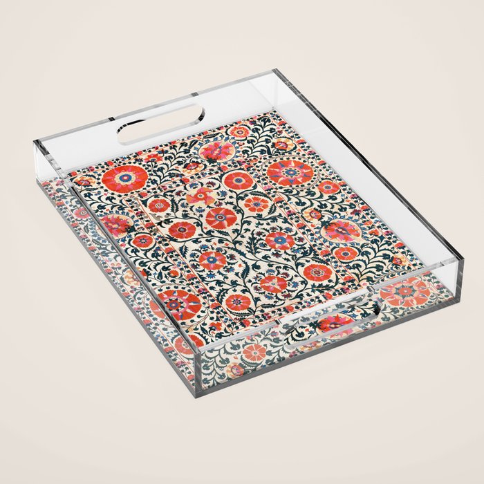 Shakhrisyabz Suzani  Uzbekistan Antique Floral Embroidery Print Acrylic Tray Gallery Image 1