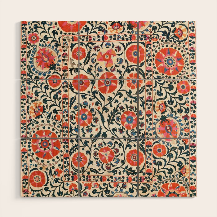 Shakhrisyabz Suzani  Uzbekistan Antique Floral Embroidery Print Wood Wall Art Gallery Image 1